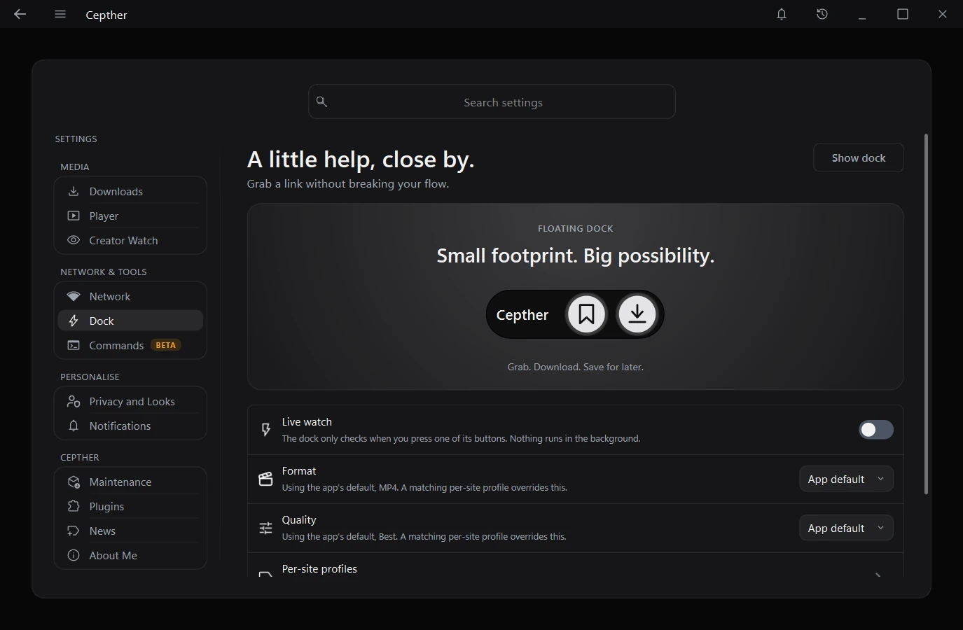 The Dock settings page with a live preview of the floating dock