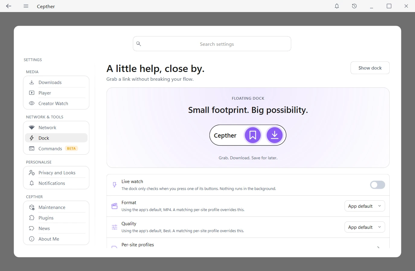 The Dock settings page with a live preview of the floating dock