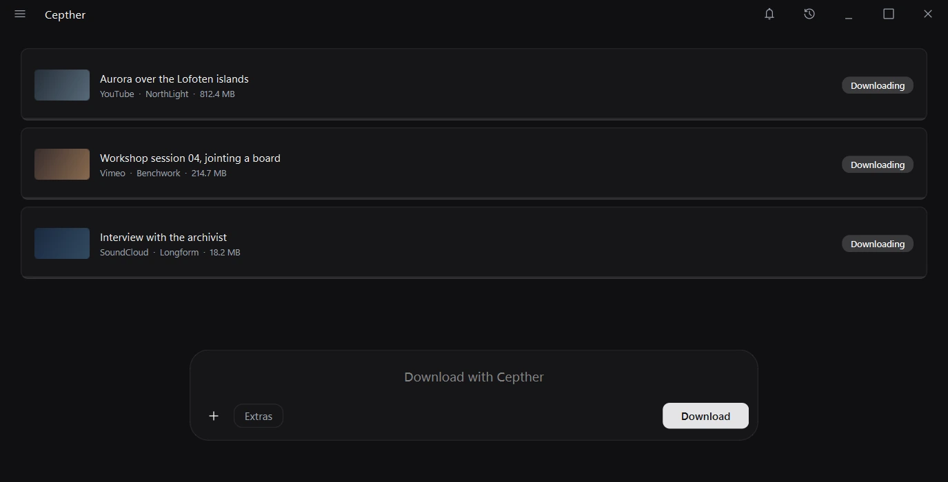 The Cepther app with three downloads in progress: an interview from SoundCloud, a workshop video from Vimeo and a video from YouTube, and the link box underneath