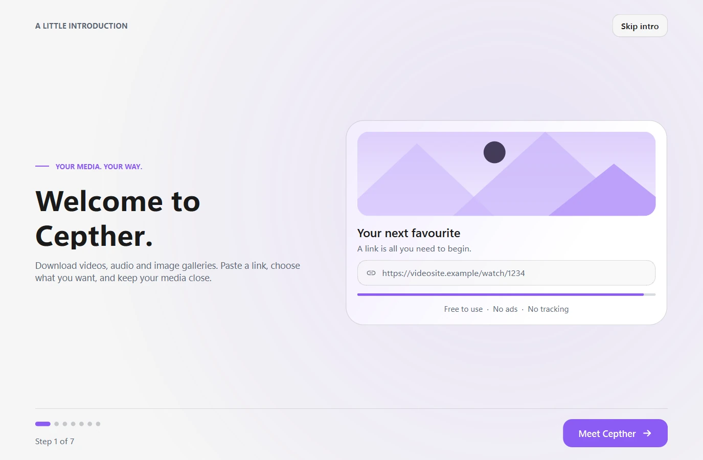 The first launch introduction, with a large welcome title and a card showing a link being pasted